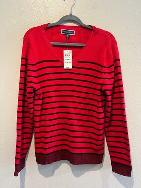 Karen Scott Red and Black Striped V-Neck Sweater